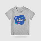Grey kids’ T-shirt featuring a colourful space scene with Jesus and two young astronauts