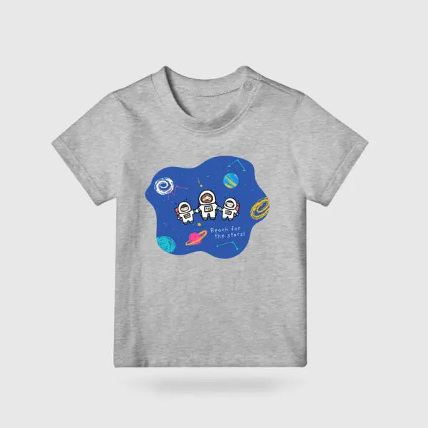 Grey kids’ T-shirt featuring a colourful space scene with Jesus and two young astronauts