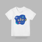 White kids’ T-shirt featuring Jesus and two children dressed as astronauts with the words Reach for the stars