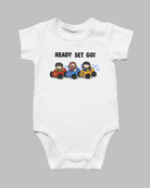 White Ready Set Go Christian baby romper featuring Jesus and children in colourful race cars