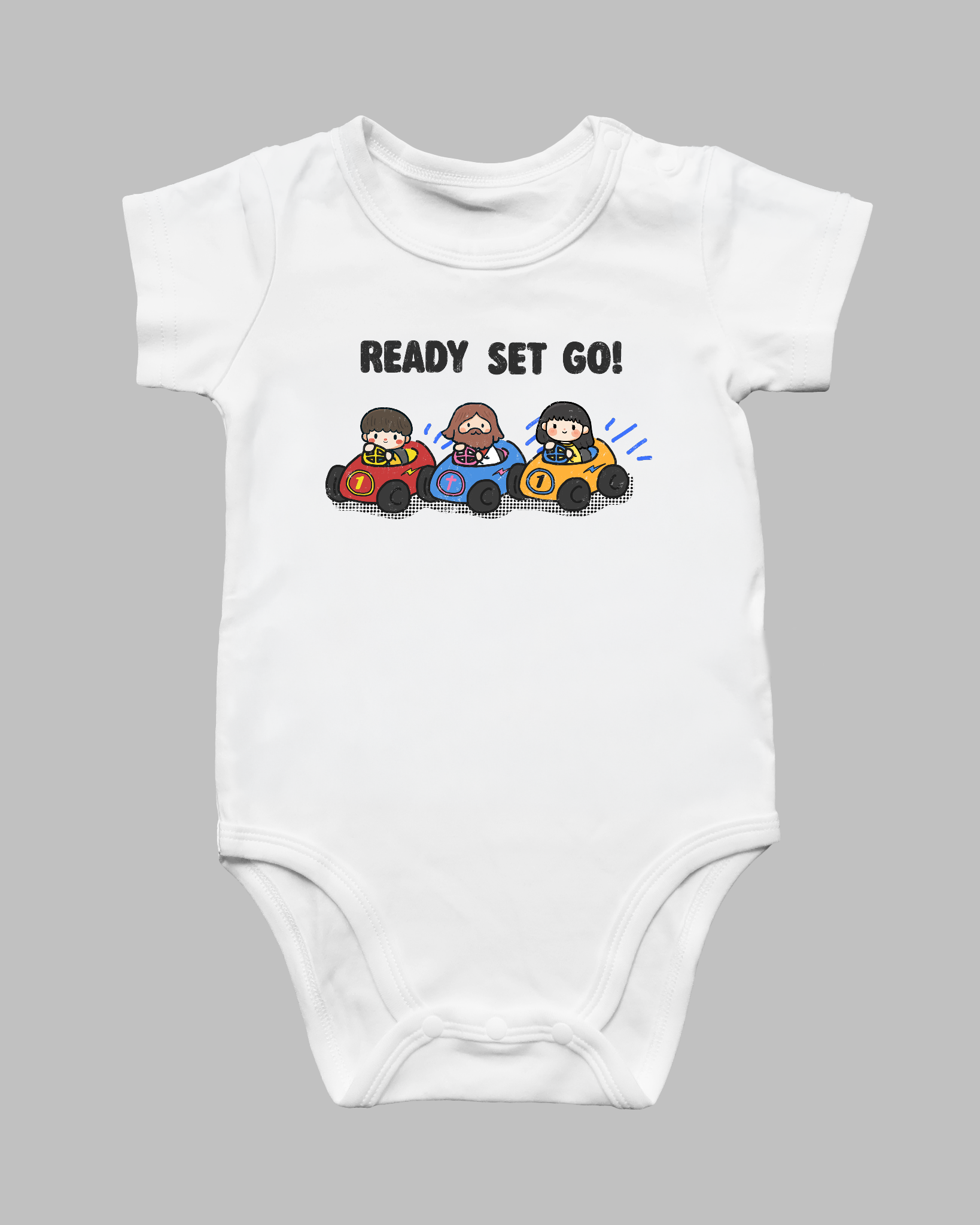 White Ready Set Go Christian baby romper featuring Jesus and children in colourful race cars