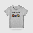Grey Ready Set Go racer car kids T-shirt with playful illustrated racers
