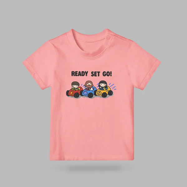 Pink Ready Set Go kids T-shirt featuring three colourful cartoon race cars