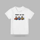 White Ready Set Go racer car kids T-shirt with three illustrated racers