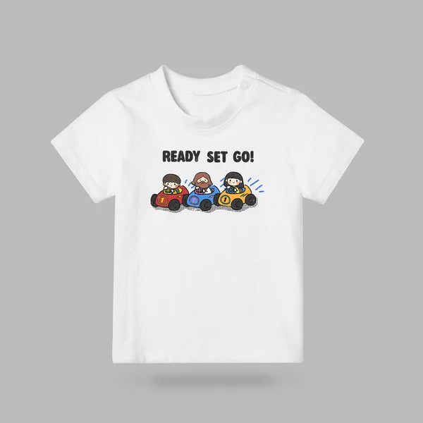 White Ready Set Go racer car kids T-shirt with three illustrated racers