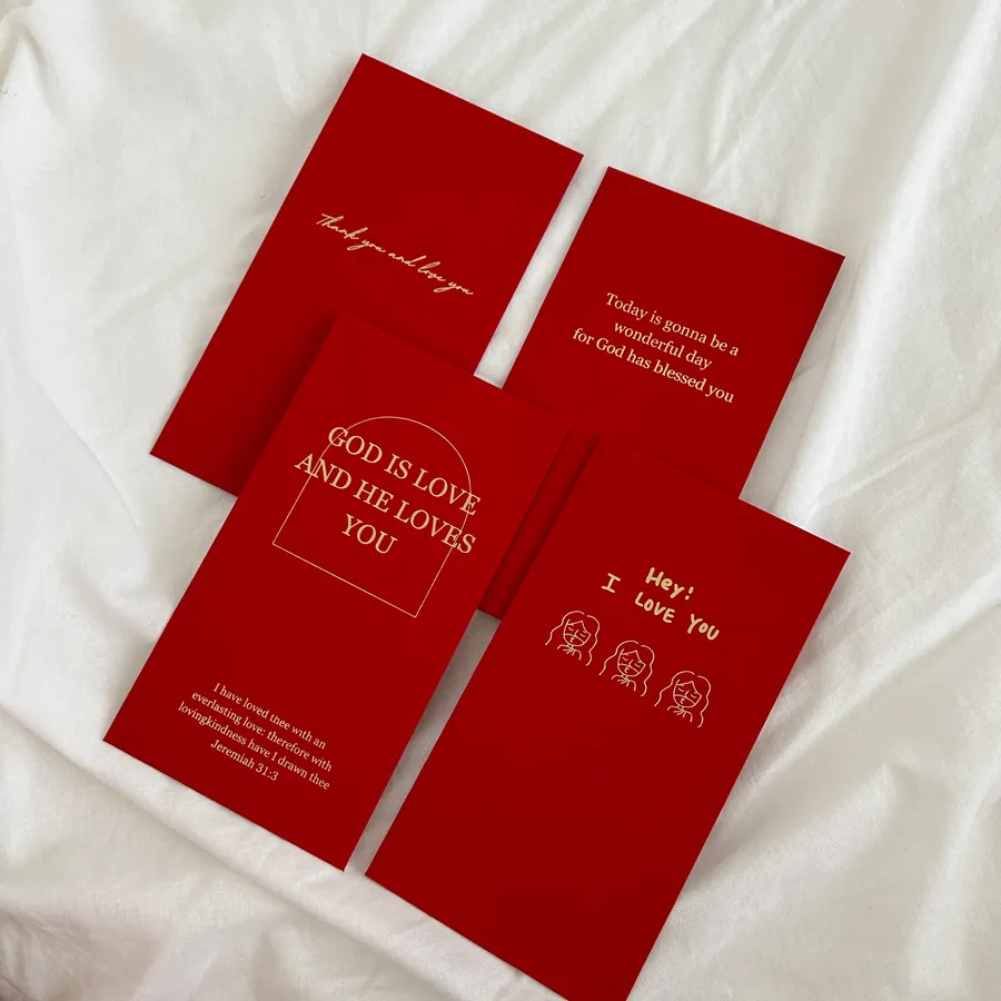 Collection of red packets featuring uplifting messages including "Thank you and I love you" and "Today is gonna be a wonderful day for God has blessed you."