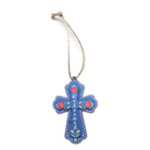 Blue cross-shaped Christmas bauble with floral details and the word ‘Redeemed