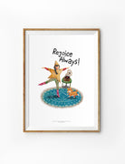 A cheerful and whimsical design of a woman dancing joyfully on a circular rug with the text 'Rejoice Always,' accompanied by a vintage gramophone and a playful dog. A unique find at a Christian Gifts Shop in Singapore.