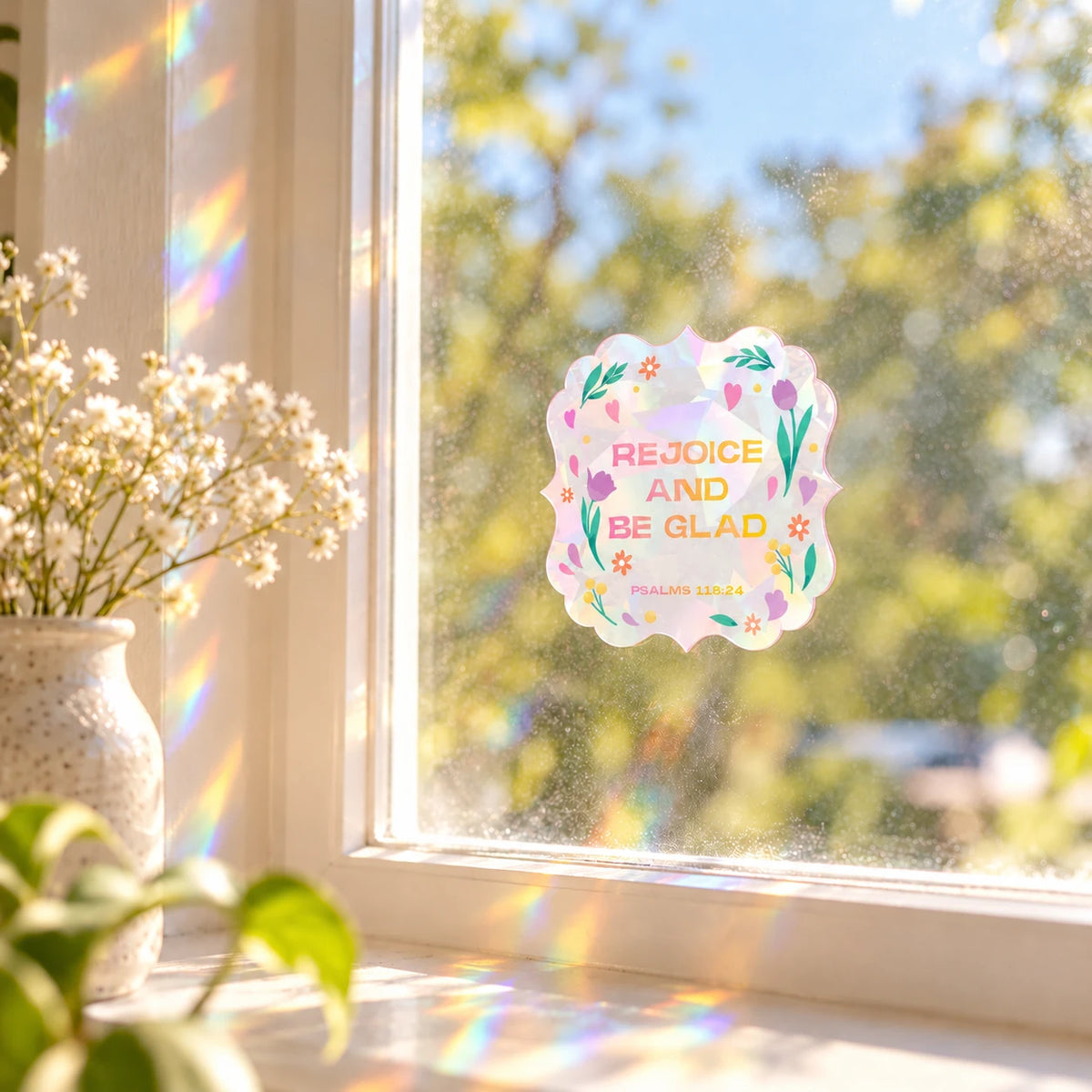 Rejoice and Be Glad suncatcher sticker on a sunlit window casting rainbow reflections