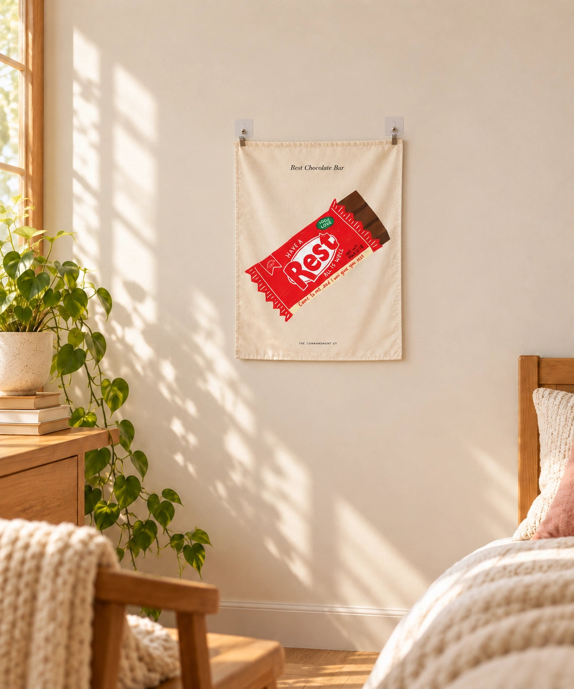 Rest Chocolate Bar small wall tapestry clipped to a bedroom wall.
