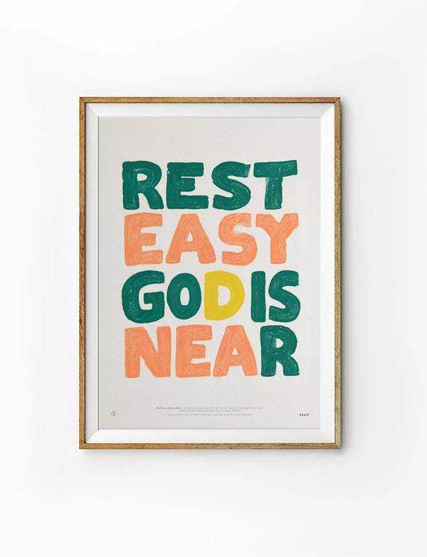 Rest Easy God Is Near Christian poster with green, coral and yellow hand-painted lettering on a soft neutral background