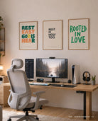 Rest Easy God Is Near Christian poster displayed with coordinating faith posters above a modern home office desk