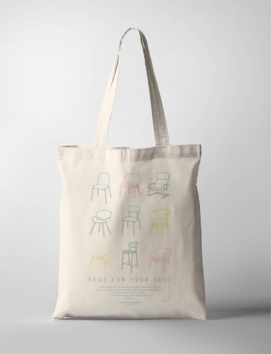 Neutral canvas tote bag featuring colorful line drawings of chairs and the uplifting phrase "Rest for your soul," inspiring simple happiness and peaceful, faith-filled living.