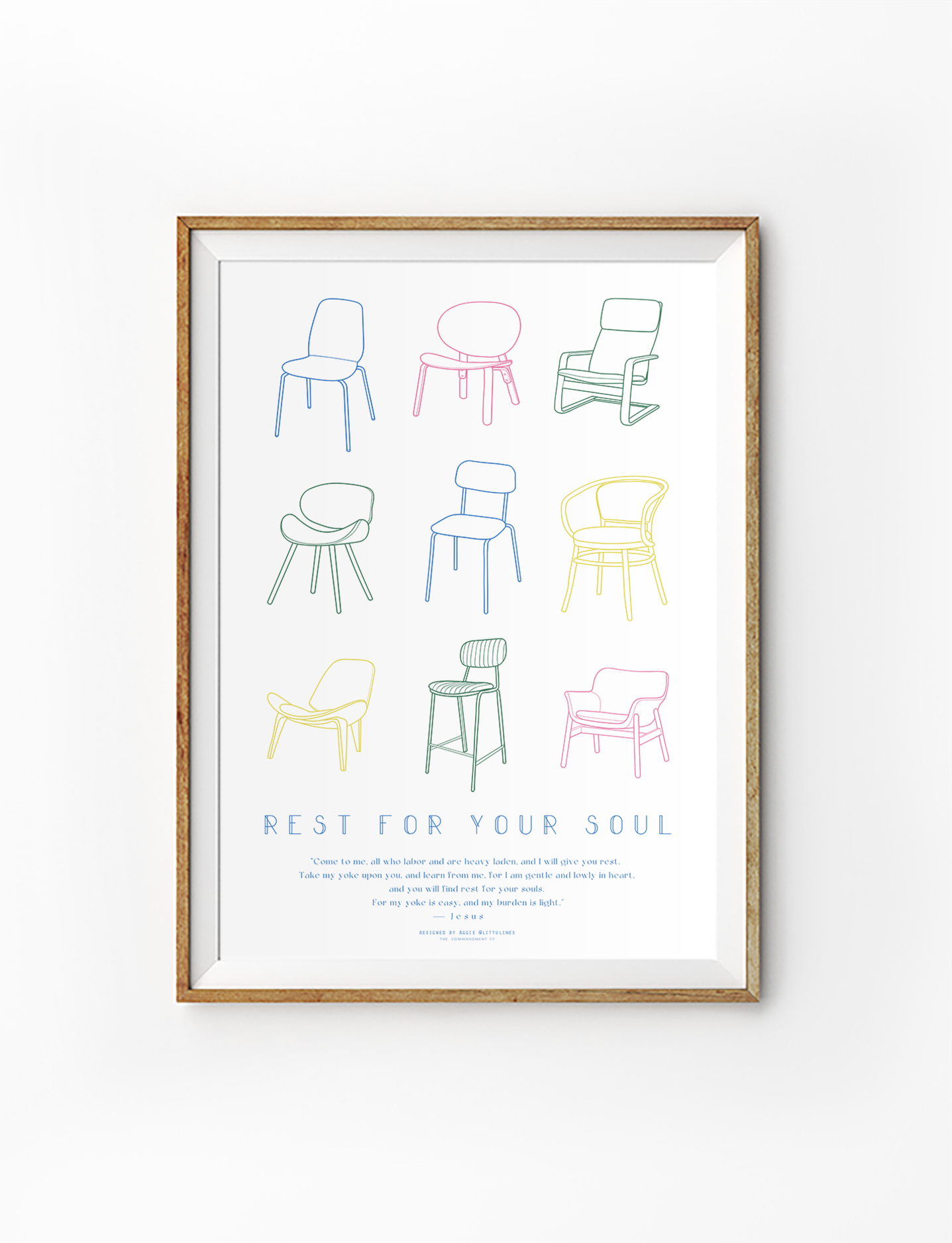  "Rest for Your Soul" poster by Littlulines featuring colorful minimalist chair illustrations and comforting scripture, perfect for Christian home decor and inspiring simple happiness and peace.