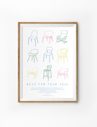  "Rest for Your Soul" poster by Littlulines featuring colorful minimalist chair illustrations and comforting scripture, perfect for Christian home decor and inspiring simple happiness and peace.