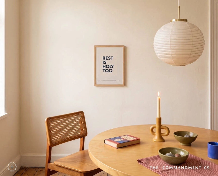 Rest Is Holy Too Christian poster displayed in a warm dining room with wooden furniture and a paper pendant light