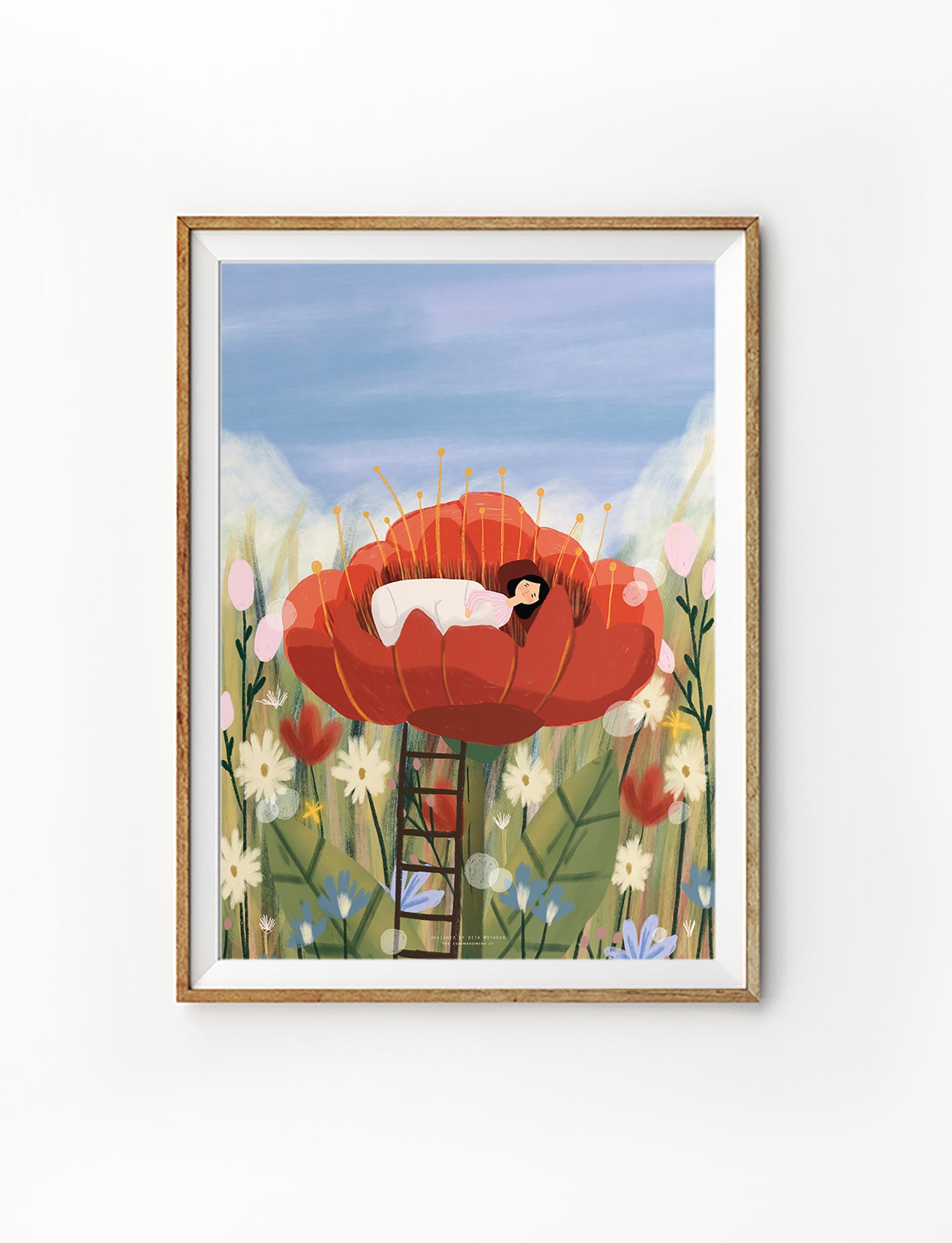 Christian art poster featuring a girl resting inside a large red flower surrounded by a whimsical meadow, dreamy faith-inspired wall art.