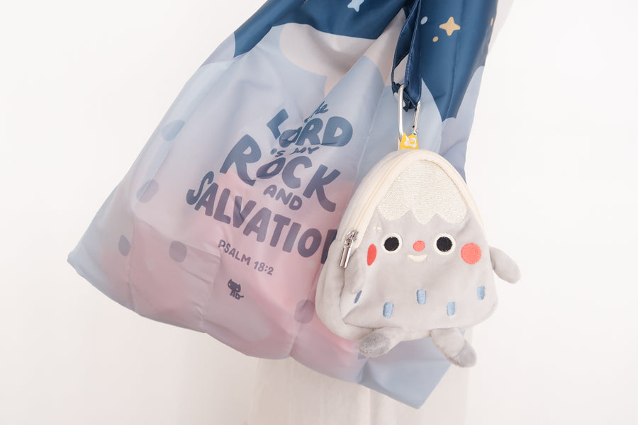 Christian foldable eco bag “Rocky” in gray featuring “The Lord is my rock and my salvation” Psalm 18:2 with attached plush pouch.