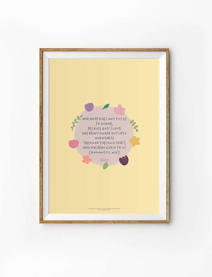 Floral Christian poster featuring Romans 5:5 about God’s love being poured into our hearts through the Holy Spirit