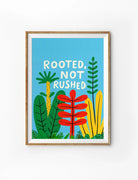 Rooted, Not Rushed Christian poster with colourful plants on a bright blue background
