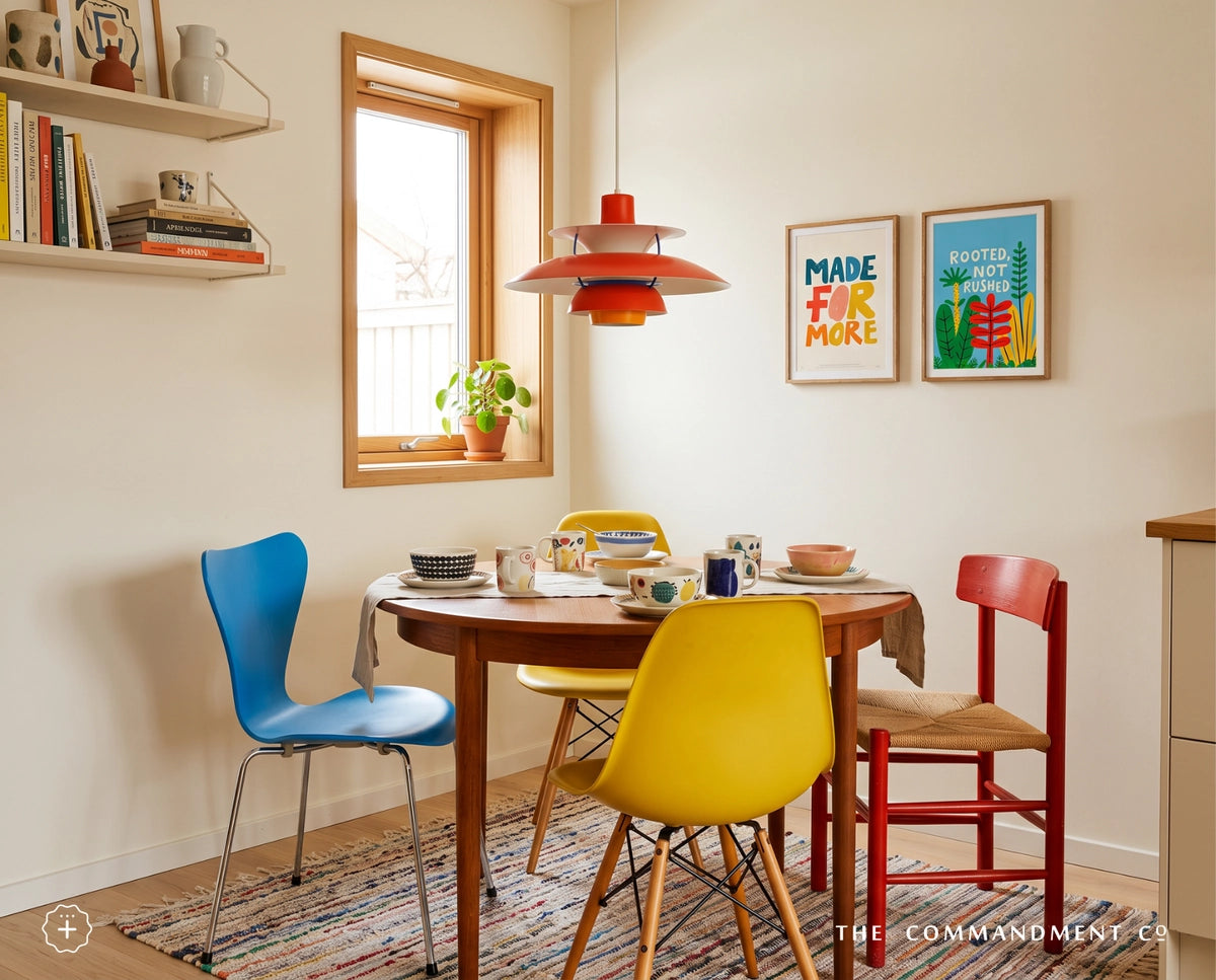 Rooted, Not Rushed poster styled beside the Made for More poster in a colourful dining room