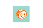 Cute coaster featuring a colorful illustrated salmon sushi roll on a light turquoise background.