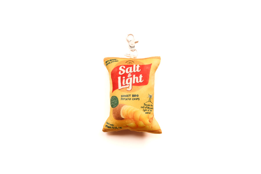 Salt & Light Chips plushie keychain with yellow potato chips packet design and clip.
