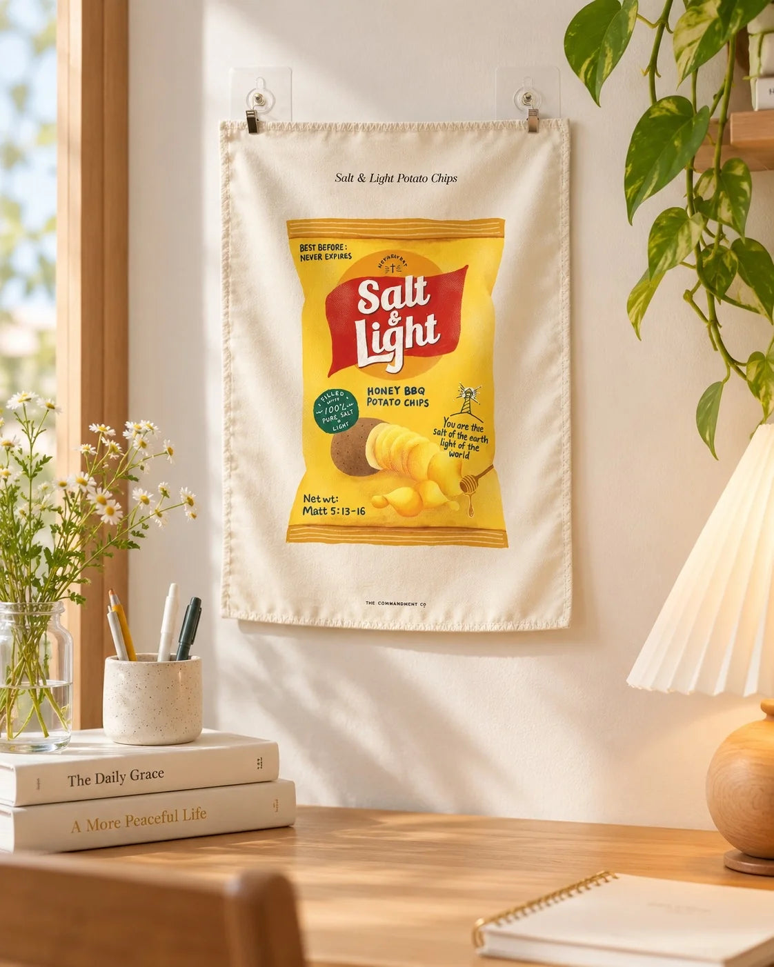 Salt & Light Potato Chips small wall tapestry clipped to a wall over a desk.