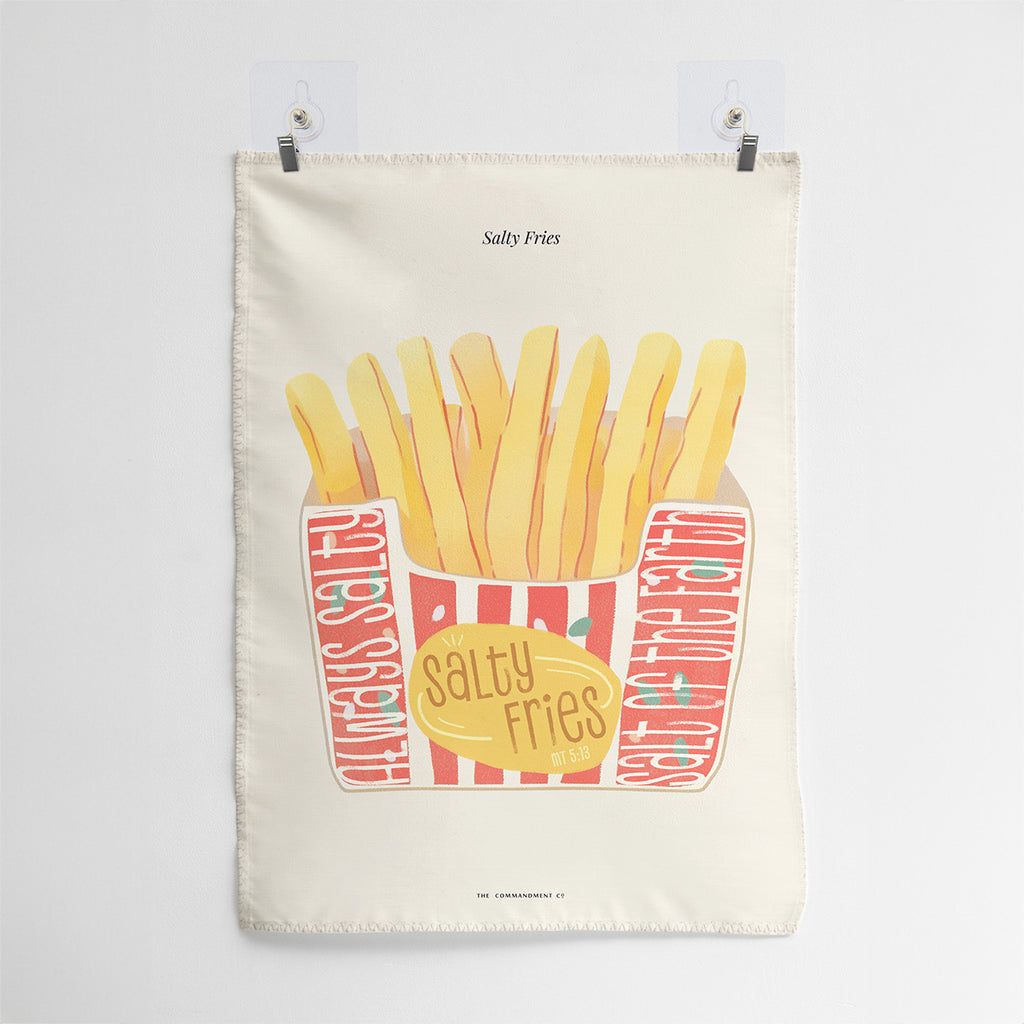 Wall tapestry featuring a 'Salty Fries' design with the text 'Salt of the Earth' and the Bible verse Matthew 5:13, designed for Christian inspiration and home decor.