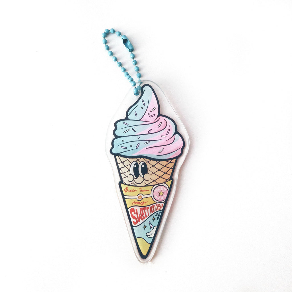 Christian keychain shaped like an ice cream cone with the text 'Sweeter Than Honey' inspired by Psalm 119:103, featuring a cheerful design for spiritual encouragement.