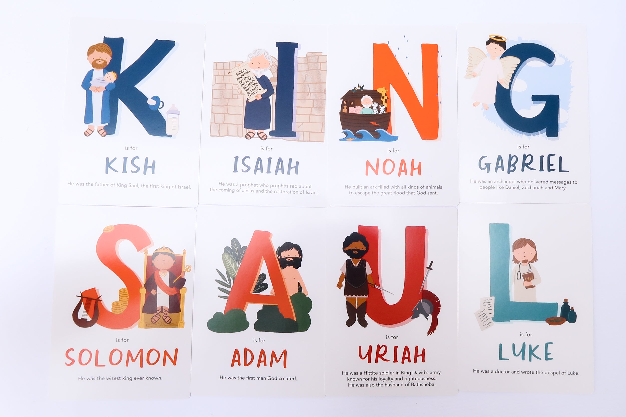 Alphabet Adventures: Bible Characters from A to Z – a Christian flashcard set for kids with colorful illustrations of biblical figures, perfect for learning and gifting.