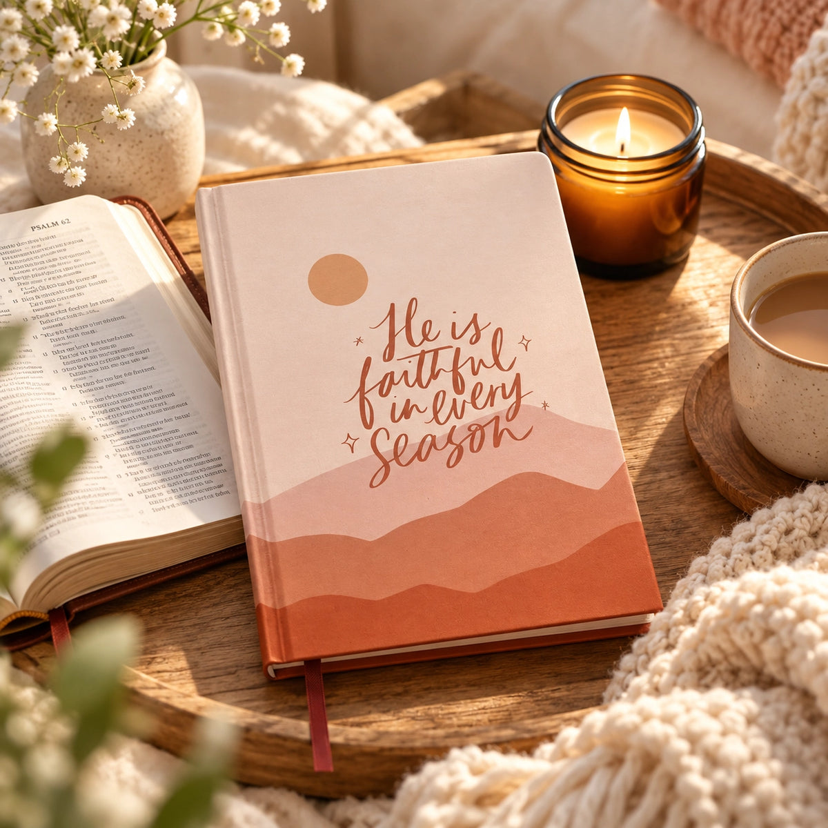 Seasons Change Christian journal with He is faithful in every season cover styled on a warm wooden tray beside a Bible, candle and coffee