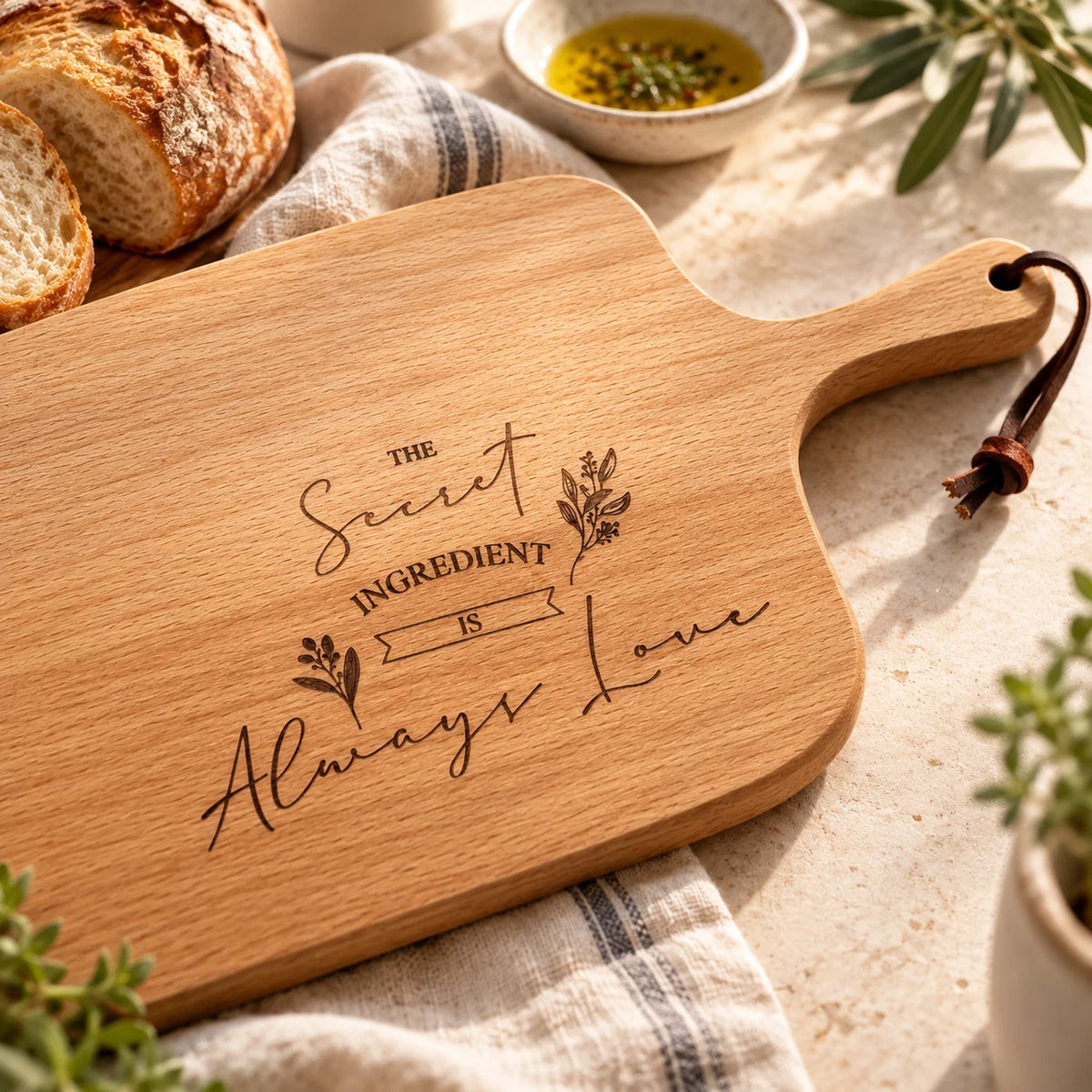 Secret Ingredient Is Always Love wooden serving board styled with bread and olive oil in a warm kitchen setting.