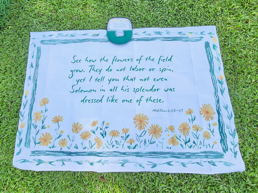 Matthew 6:28–29 See How the Flowers Grow picnic mat, alternate product view.