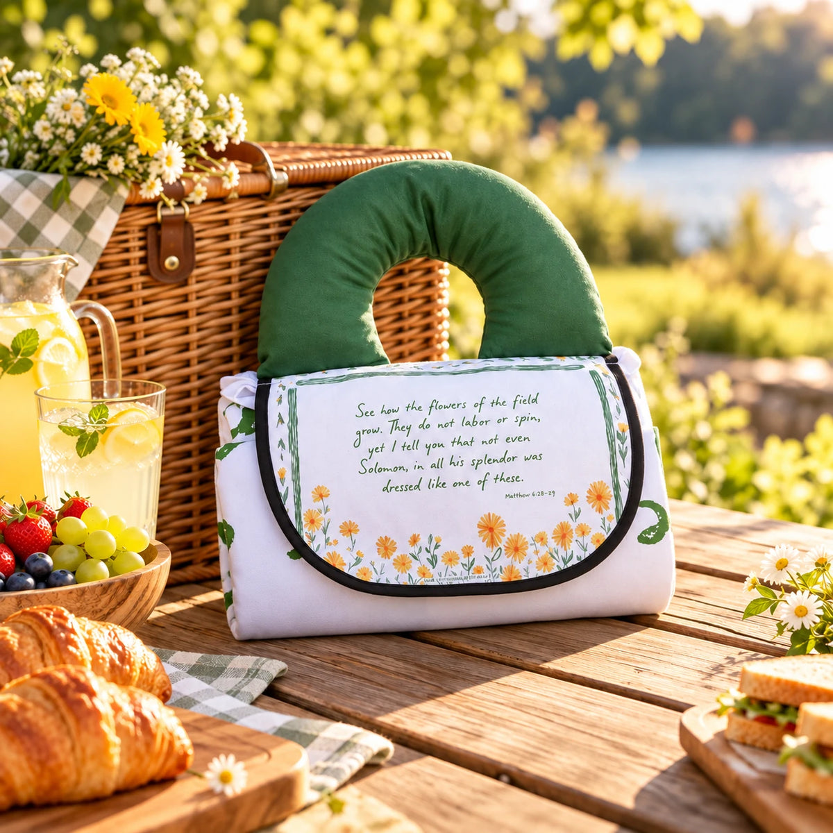 See How the Flowers Grow folded picnic mat leaning against wicker basket on outdoor picnic table