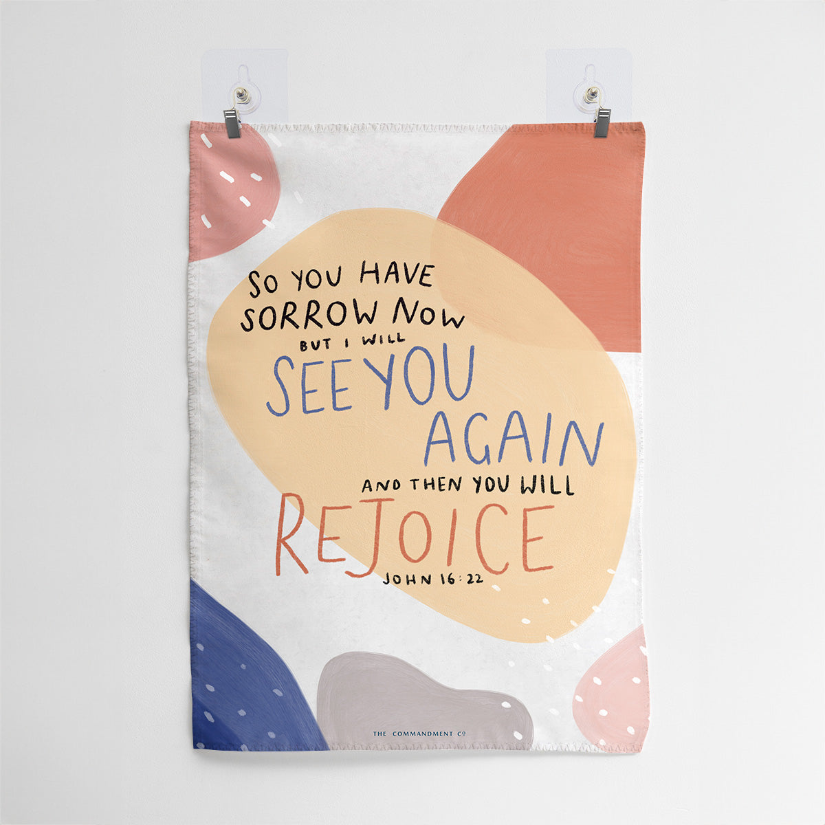 Christian wall art featuring the Bible verse 'So You Have Sorrow Now, but I Will See You Again, and Then You Will Rejoice' from John 16:22, with colorful abstract shapes on a soft pastel background