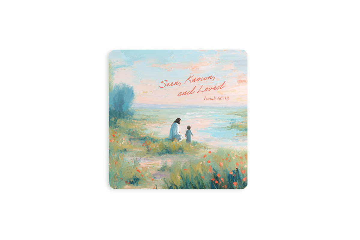 Seen Known and Loved Christian wooden coaster featuring Isaiah 66:13.