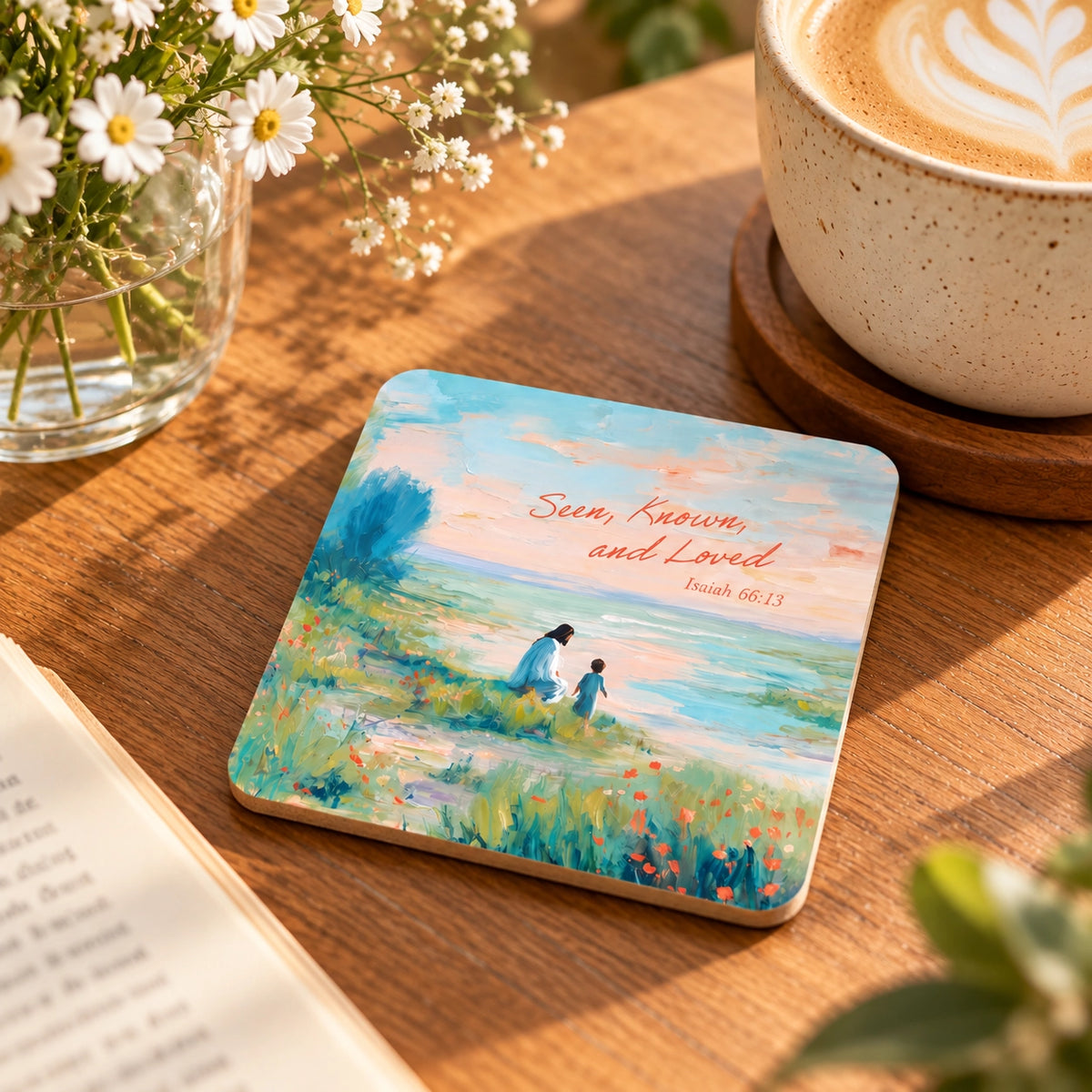 Seen Known and Loved Isaiah 66:13 Christian coaster styled with coffee and flowers