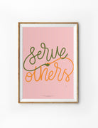 Christian poster featuring “Serve others” with hand-lettered text and a small handshake illustration