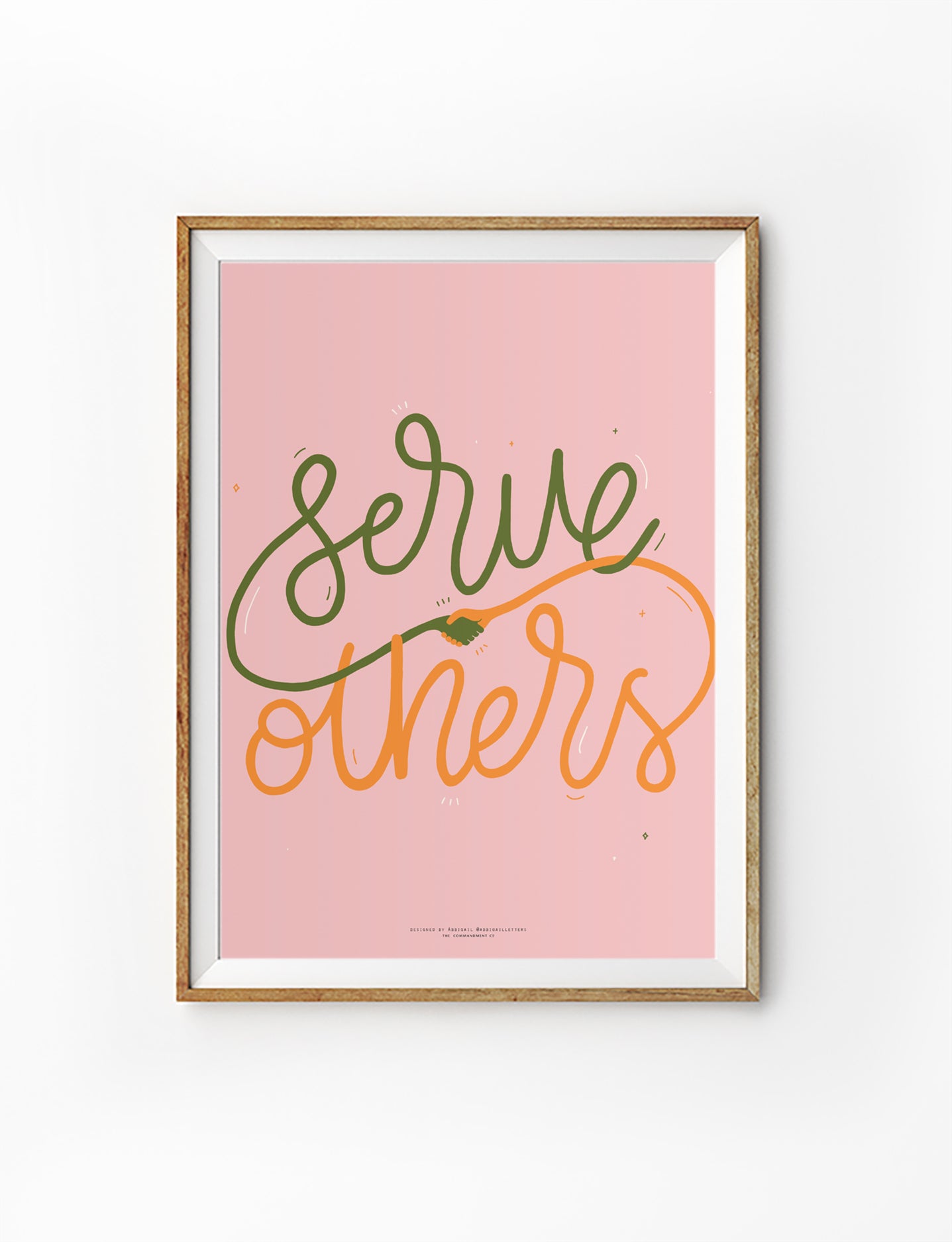Christian poster featuring “Serve others” with hand-lettered text and a small handshake illustration