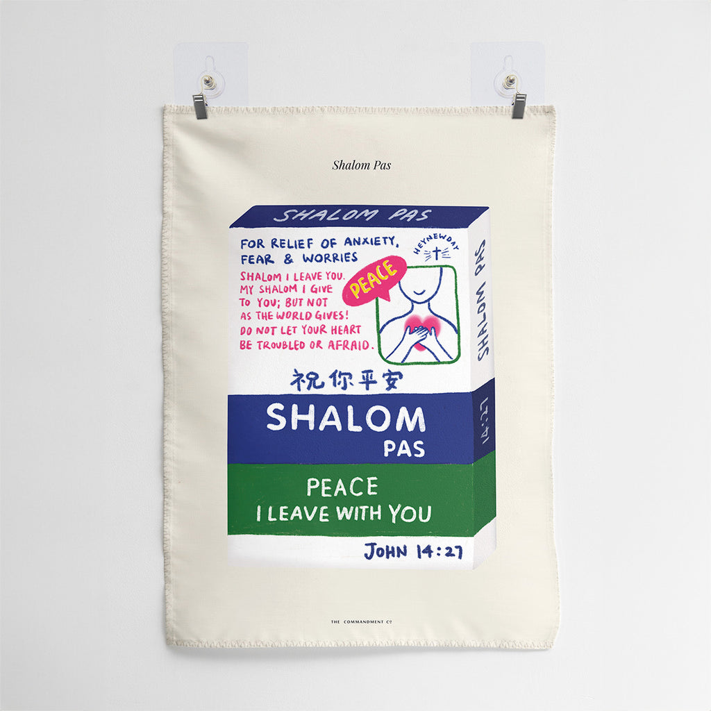 Creative Christian wall art design of 'Shalom Pas,' inspired by John 14:27, featuring a medication-style box for peace, relief from anxiety, fear, and worries.