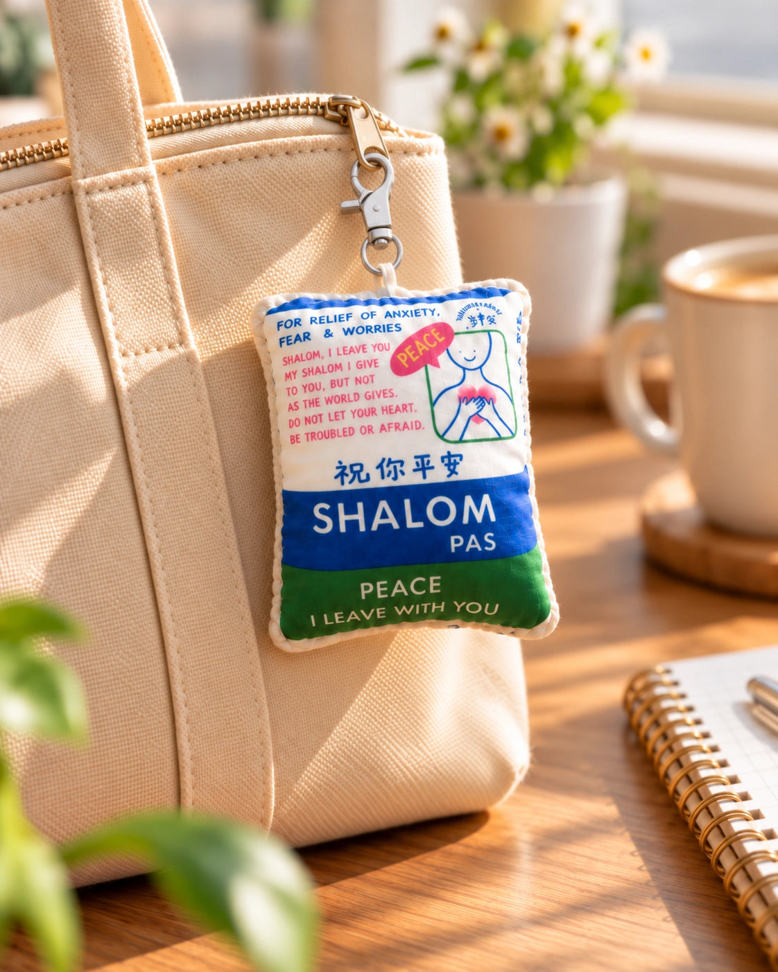 Shalom Pas plushie keychain clipped to a beige canvas bag in a warm sunlit workspace.