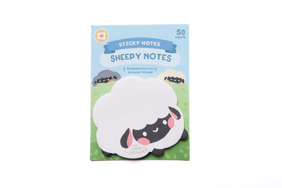 Sheepy Notes sticky notes pad with 50 sheets featuring a cute sheep illustration inspired by Psalm 23, Christian stationery for reminders and journaling.