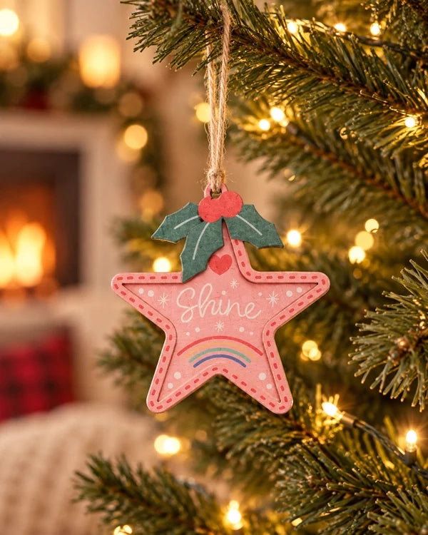 Pink star-shaped Shine Christmas tree bauble hanging from a warmly lit Christmas tree.
