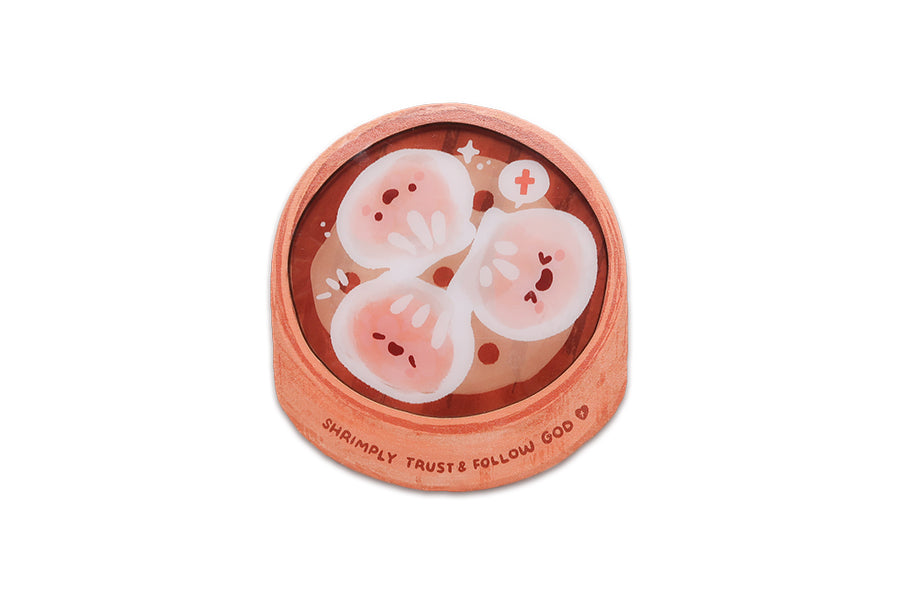 Christian shrimp dim sum coaster with “Shrimply Trust & Follow God” text in warm peach tones.
