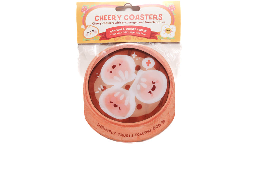 Shrimply Trust & Follow God cheery coaster in packaging from Dim Sum & Congee Christian coaster series.