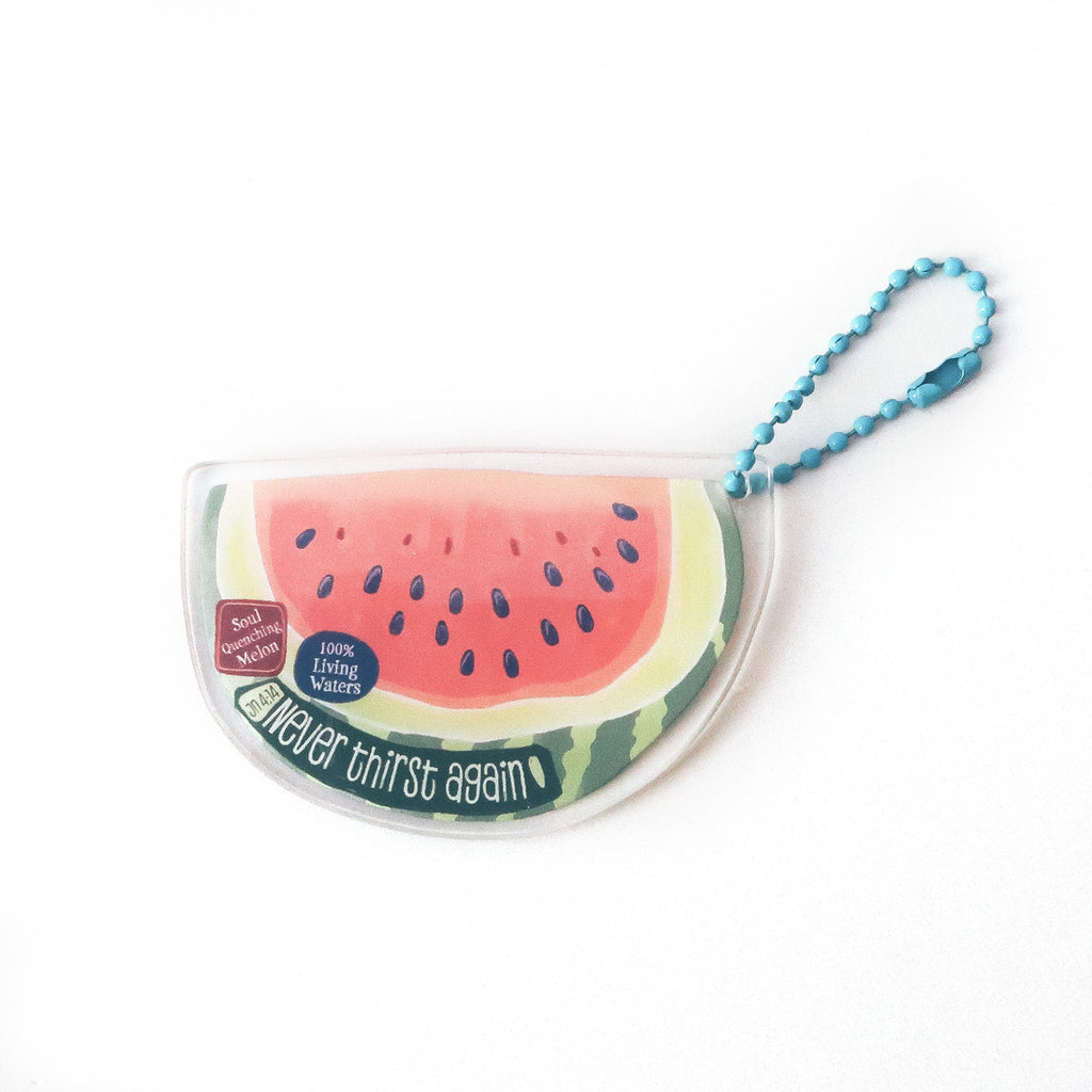 Christian keychain designed as a watermelon slice with the text ‘Never Thirst Again,’ symbolizing soul quenching and living waters as an inspirational message.