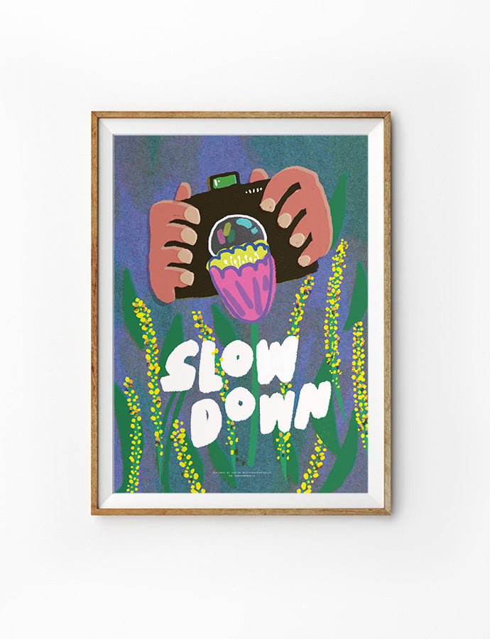 Encouraging framed wall art with 'Slow Down' text and colorful illustration of hands holding a camera