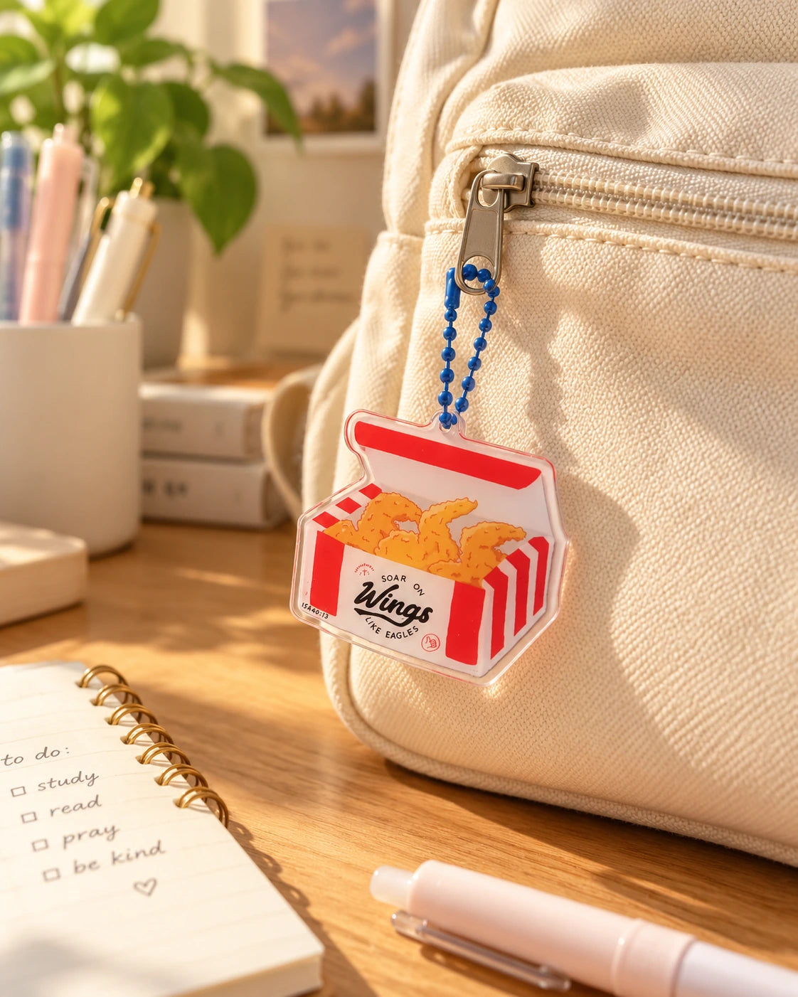 Soar on Wings fried chicken acrylic keychain with blue ball chain attached to a backpack zipper.