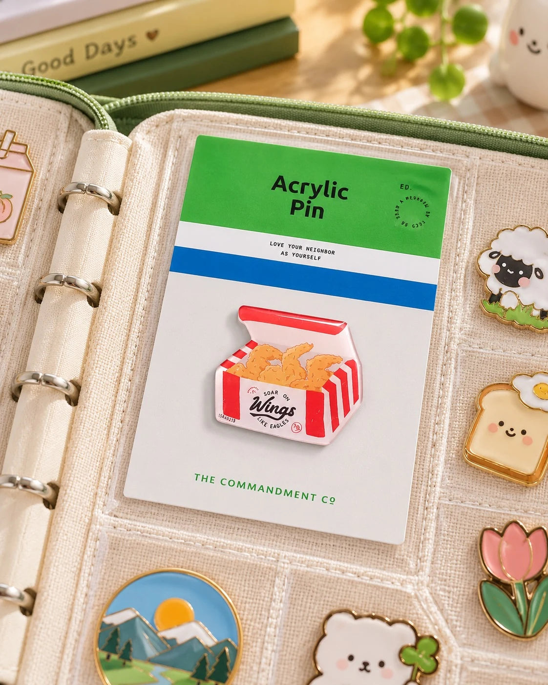 Soar on Wings Fried Chicken Wings acrylic pin on backing card in a pin collection